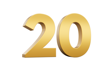 3D Golden number 20 Twenty with a shiny metallic finish and sharp edges, 3d illustration