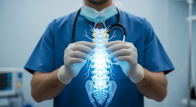 Neurosurgeon analyzing a futuristic 3D holographic model of the human spine. Advanced medical technology for spinal surgery and orthopedic diagnosis in a modern clinic.