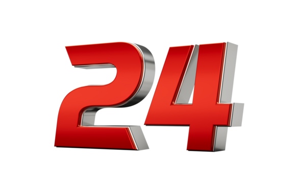 Metallic Red number 24 Twenty four with a glossy finish and reflective silver edges. 3d illustration