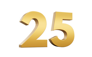 3D Golden number 25 Twenty five with a shiny metallic finish and sharp edges, 3d illustration