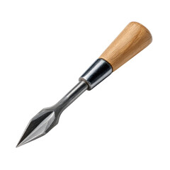 Fototapeta premium A sharp, pointed metal tool with a light wooden handle, often used for precision woodworking, leather crafting, or piercing tasks. background removed