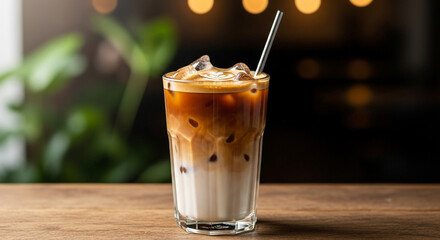 Iced latte with metal straw on a wooden table, showcasing the creamy layers and refreshing appeal, perfect for a coffee break in a cozy setting