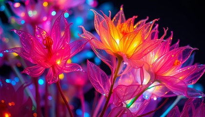 A close-up of colorful transparent luminescent abstract plants, shot with surgical precision and in a dreamlike manner in the void, looks like a fragment of a botanical archive from the future.