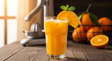 Refreshing orange juice with ice cubes in a glass, garnished with a slice of orange and mint, placed on a wooden table with oranges and a juicer in the background