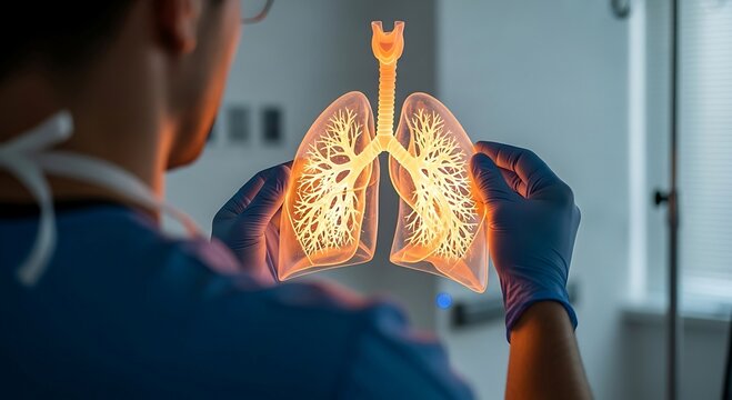 Doctor or pulmonologist examining a glowing 3D model of human lungs. Futuristic medical technology concept for respiratory system diagnosis, treatment, and healthcare.
