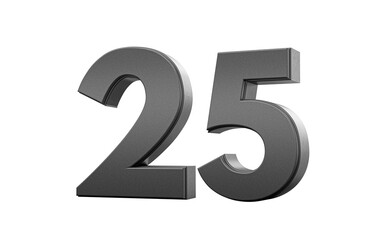 Sleek. metallic Black number 25 Twenty five with a glossy surface. 3d illustration