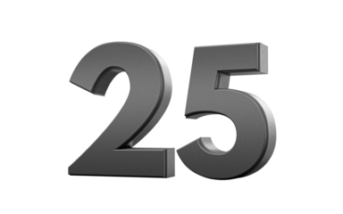 Sleek. metallic Black number 25 Twenty five with a glossy surface. 3d illustration
