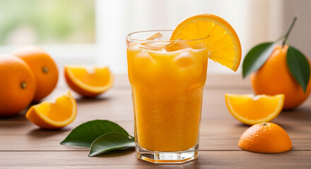 A glass of fresh orange juice with ice cubes and a slice of orange on a wooden table, surrounded by oranges and orange slices, creating a vibrant and refreshing scene