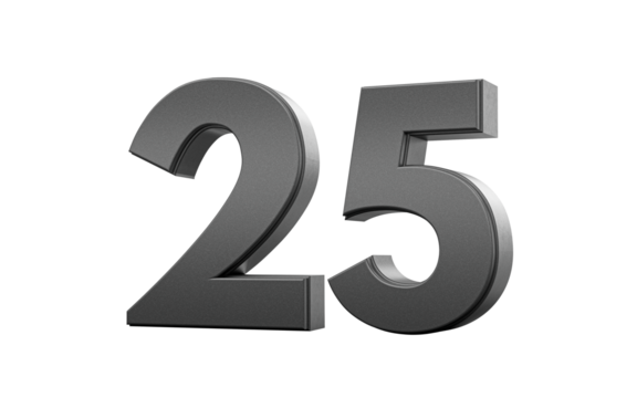 Sleek. metallic Black number 25 Twenty five with a glossy surface. 3d illustration