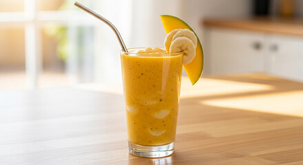 A refreshing mango banana smoothie in a glass with a metal straw, garnished with a slice of mango and banana, sitting on a wooden table in bright sunlight