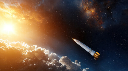 Obraz premium Stunning rocket soaring through cosmic landscape, surrounded by vibrant clouds and radiant sun, evokes sense of adventure and exploration