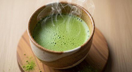 A cup of hot matcha tea with steam rising from it, placed on a wooden coaster, showcasing the vibrant green color and frothy texture of the traditional beverage