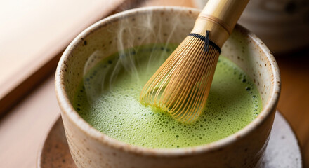 Closeup of a bowl of matcha tea with a bamboo whisk, showcasing the vibrant green color and frothy texture of the traditional japanese beverage