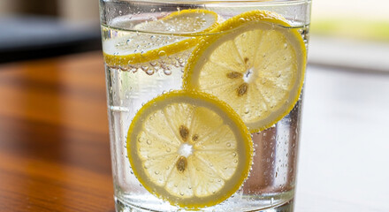 Refreshing glass of sparkling water with lemon slices, capturing the effervescence and citrusy aroma of a simple and hydrating beverage