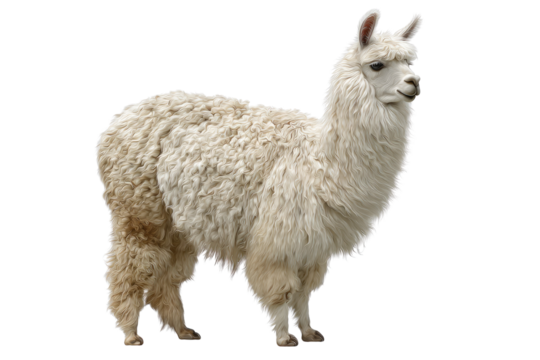 A beautiful white llama with distinctively textured, fluffy wool stands majestically against a stark, clean transparent background. background removed