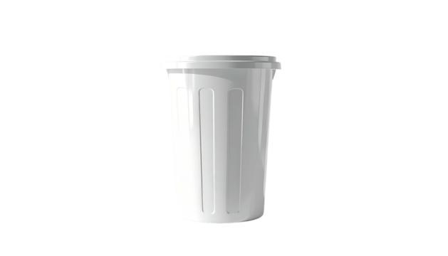 A clean white trash can with a lid, isolated against a black background