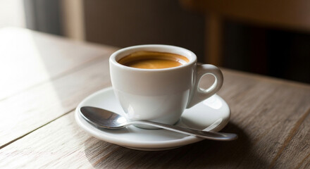 Aromatic espresso in a white cup on a saucer with a spoon, capturing the rich, dark crema and inviting warmth of the coffee on a wooden table