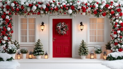 Beautifully decorated porch for Christmas with red and white theme and snow-covered plants