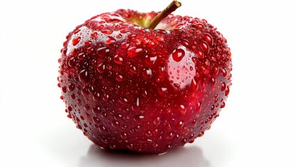 Close-up of a fresh red apple with water droplets, realistic photography style, isolated on a white background, concept of healthy eating - Powered by Adobe