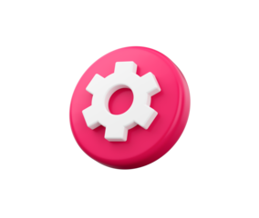 Vibrant 3D settings icon with white gear on a glossy pink button. 3D illustration