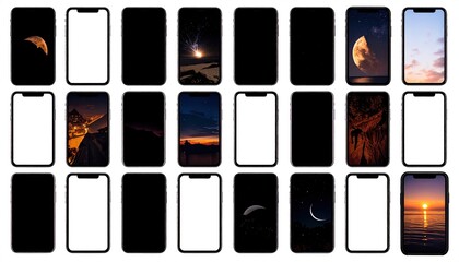Collection of smartphones, some showing wallpapers of celestial bodies and landscapes