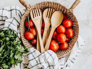Fresh Tomatoes in Basket with Wooden Utensils