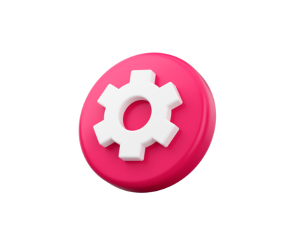 Vibrant 3D settings icon with white gear on a glossy pink button. 3D illustration