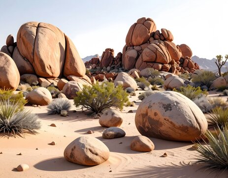 Arid desert landscape with large, smooth, tan rock formations