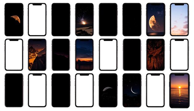 Collection of smartphones, some showing wallpapers of celestial bodies and landscapes