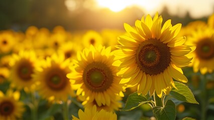 Fototapeta premium Vibrant Sunflower Field at Sunset Golden Hour Photography
