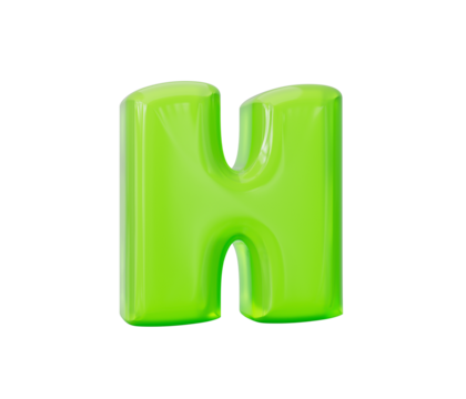 Bright green glossy jelly letter H 3D rendering for playful alphabet designs. 3d illustration