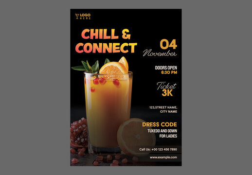 Chill and Connect Party Flyer with Cocktail Glass and Dark Background for Elegant Social Mixer Event, Editable Design.