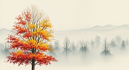 Autumnal tree with red and orange leaves contrasting with misty mountains. Watercolor painting of fall season landscape and nature.