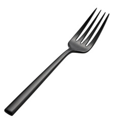 Sleek, dark grey metallic dinner fork with four tines, presented diagonally against a pure transparent background, emphasizing its modern aesthetic. background removed