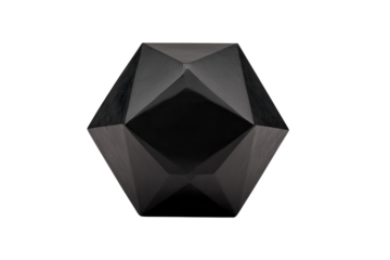 A dark, complex geometric object with multiple facets and a central depression, appearing as an abstract polyhedra against a solid transparent background. background removed