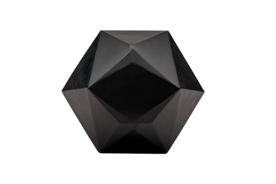 A dark, complex geometric object with multiple facets and a central depression, appearing as an abstract polyhedra against a solid transparent background. background removed