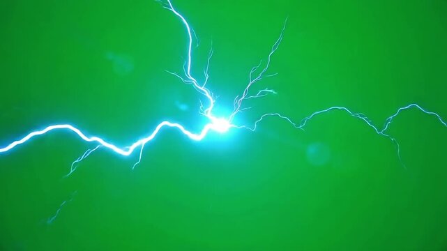 Intense electric lightning strike flashes across a vibrant green screen background, perfect for dramatic visual effects and energy transitions.