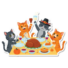 Obraz premium Four cartoon cats celebrate Thanksgiving at a table with turkey, pumpkin pie, and drinks.