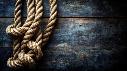 Obraz premium Coiled rope with a knot on aged blue wooden planks
