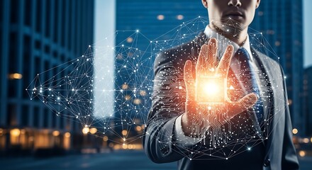 Businessman holding digital network with city building background