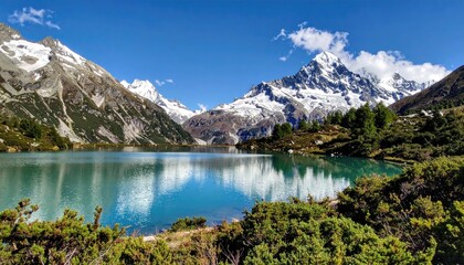 Alpine lake reflects snow-capped mountains under a vibrant blue sky