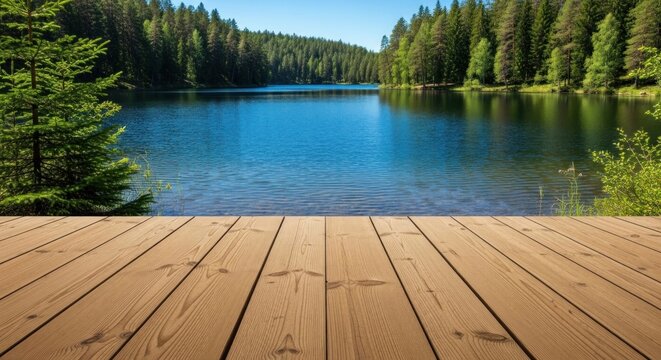 Sunny clear day wooden deck views a serene blue lake, reflecting a dense evergreen forest and bright sky
