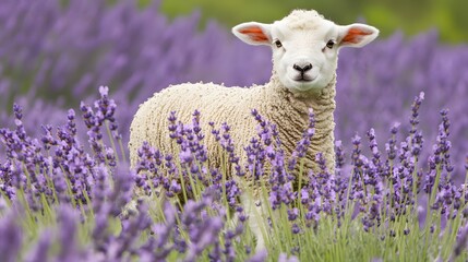 Naklejka premium Adorable Lamb in Lavender Field Springtime Nature Photo