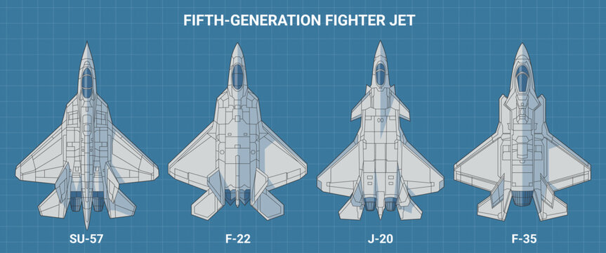 Set of fifth generation fighter jet in blueprint style from top view. Vector illustrations sukhoi f-22 raptor, su-57, chengdu j-20, f-35 fighter jet. Various military 5th-gen combat aircraft design.
