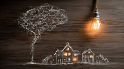 Glowing bulb wooden table drawn brain sketch village cozy house warm light creative concept top view rustic texture idea symbol. Glowing bulb illuminates sketched village and brain swirl rustic