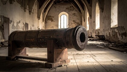 Cannon in decaying room, peeling walls, light from tall windows