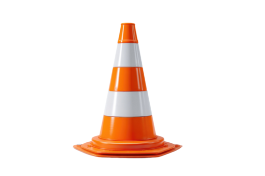 A single bright orange and white striped traffic cone standing upright, used for road safety, construction warnings, or designating temporary areas. background removed