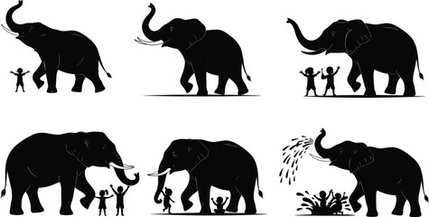 Elephant with children illustration, playful animal interaction, kids friendship, wildlife harmony, black and white drawing, joyful nature, family bonding art