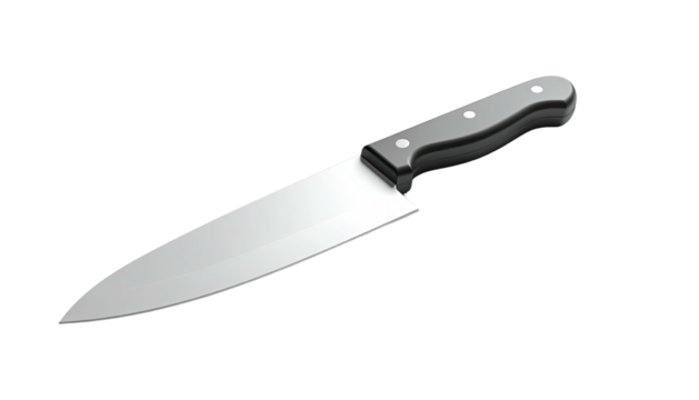A large chef's knife with a shiny steel blade and a black ergonomic handle