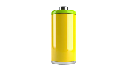 A bright yellow battery with a green top and metal bottom stands alone on black
